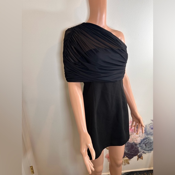 New SER.O.YA Selma Mini Crepe Dress in Black sheer mesh ruched off shoulder - Picture 7 of 9